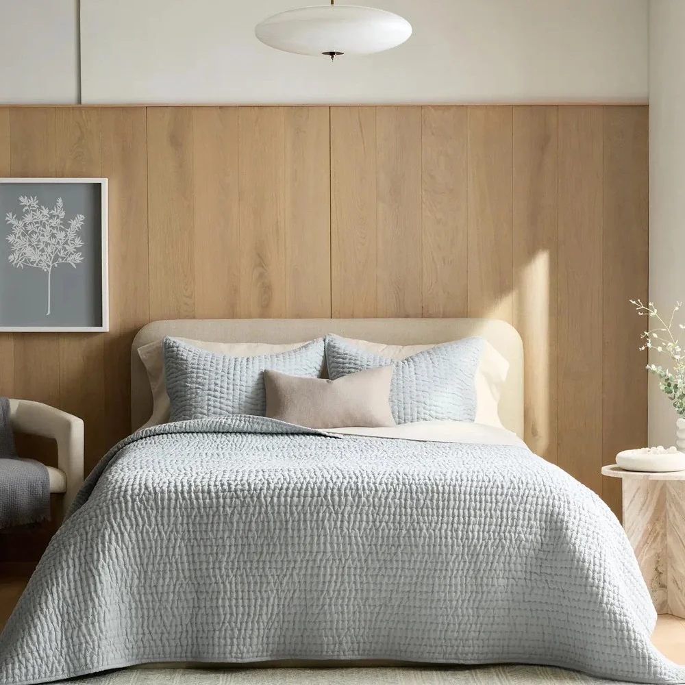 Quince European Linen Cotton Stitch Quilt Set King Cal King Mist Bedding 3pc NEW